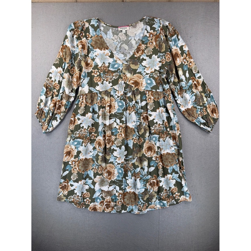 Andree by Unit Floral V-Neck Empire Waist Mini Dress Olive Green Brown Small